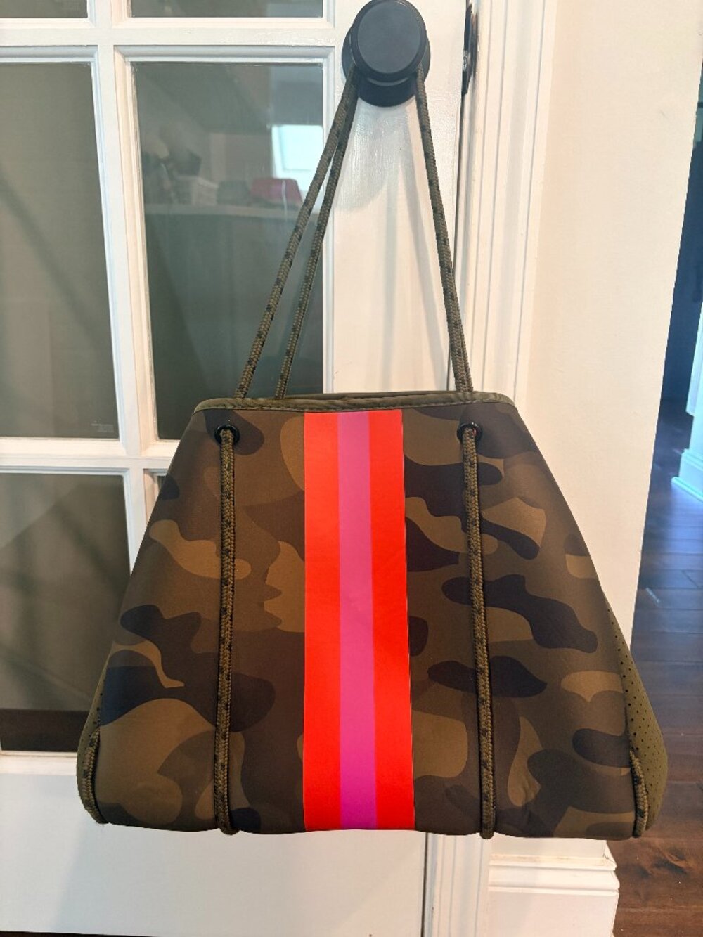 Social Threads Hello Happiness Camo Striped Neoprene Tote